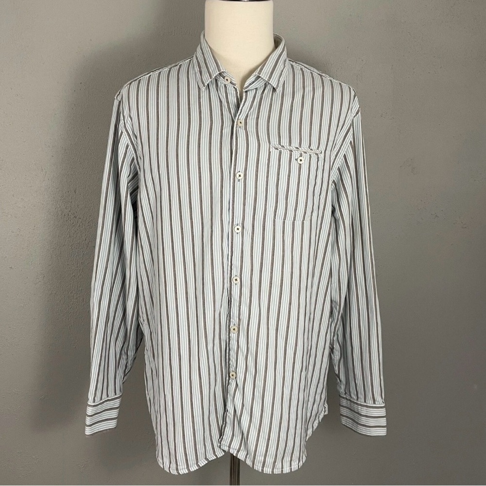 Tommy Bahama XLX Mens Gray Blue & White Striped Business Casual Resortwear Shirt